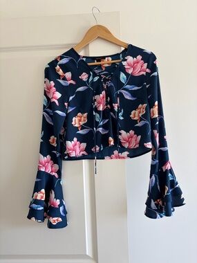 Navy Floral Lace-Up Bell Sleeve Blouse
